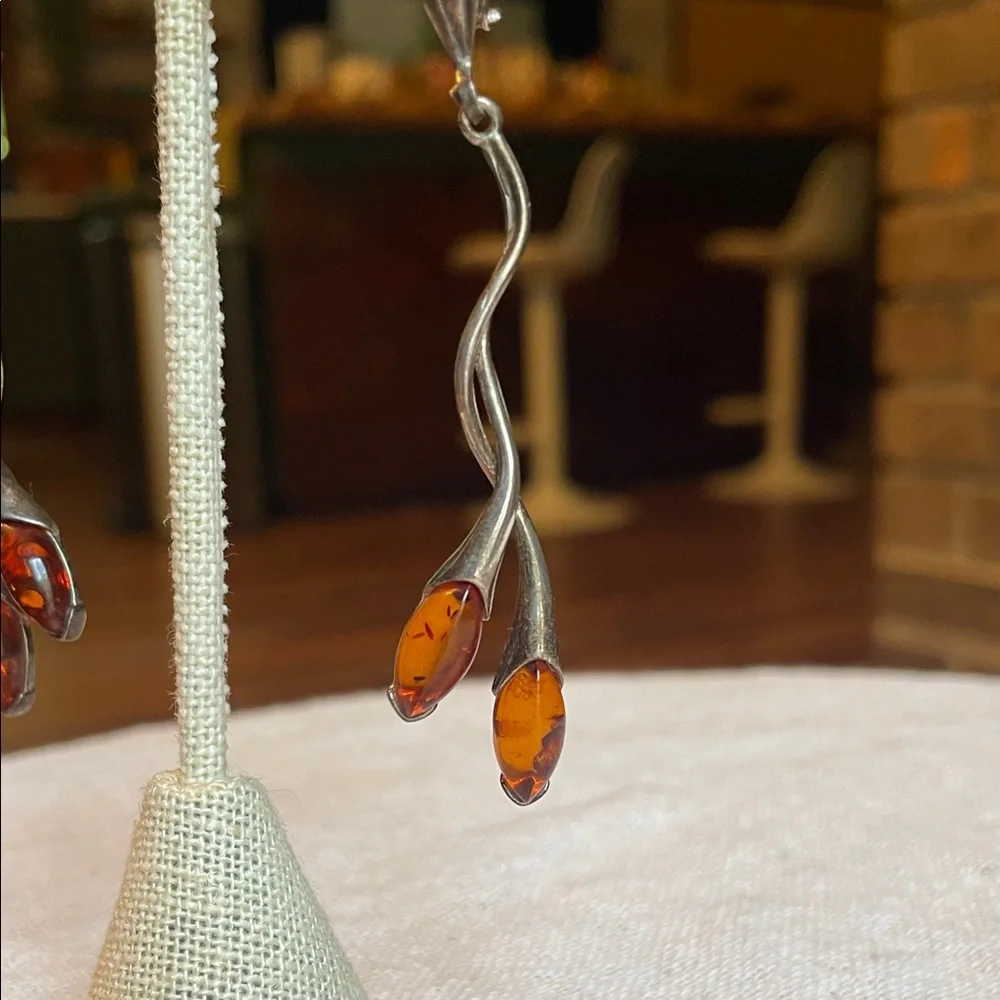 Handmade Sterling Silver and Baltic Amber organic floral hook back drop earrings - Picture 4 of 11